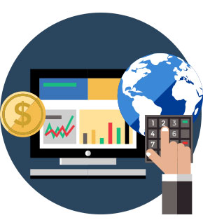 Image of charts and globe with finger on numerical keyboard