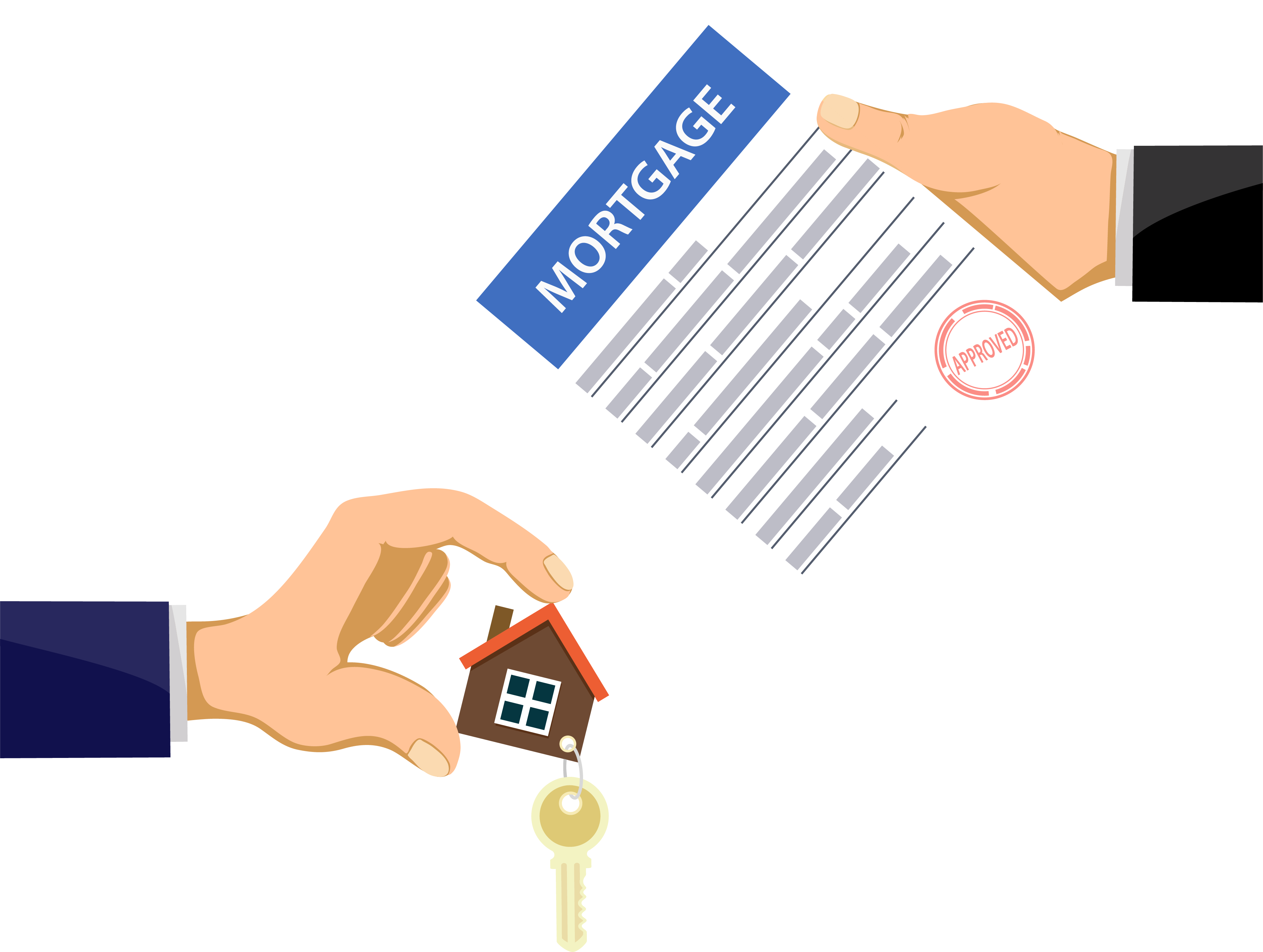 Hands holding house keys and mortgage papers